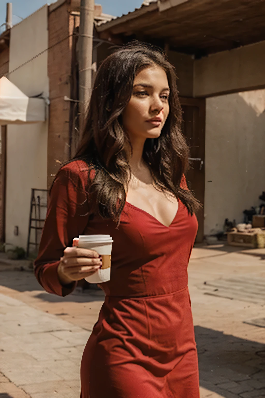 woman drinking coffe in red dress