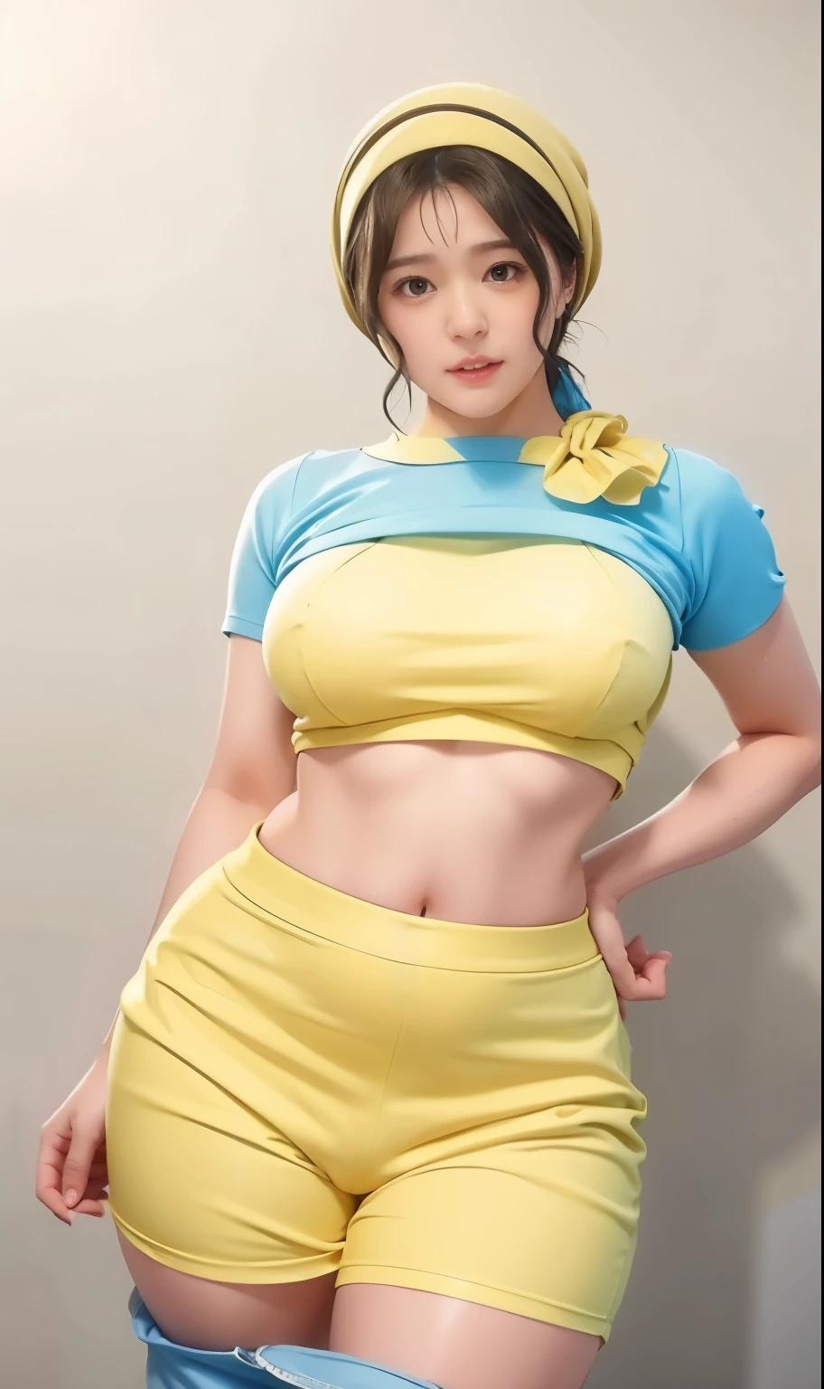 arafed woman in yellow top and blue shorts posing for a picture, with yellow cloths, wearing yellow croptop, wearing wheat yellow gauze, inspired by Nazmi Ziya Güran, shot on nikon z9, wearing yellow floral blouse, hijab, faridah malik, no wearing beautiful clothes, mid shot portrait, close up half body shot, nude