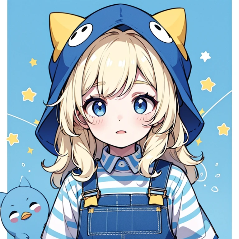 A girl with pale white skin and light blonde curly hair wearing a blue hood that looks like a penguin and light blue overalls with a striped blue and white shirt underneath and cute light yellow stars surrounding her