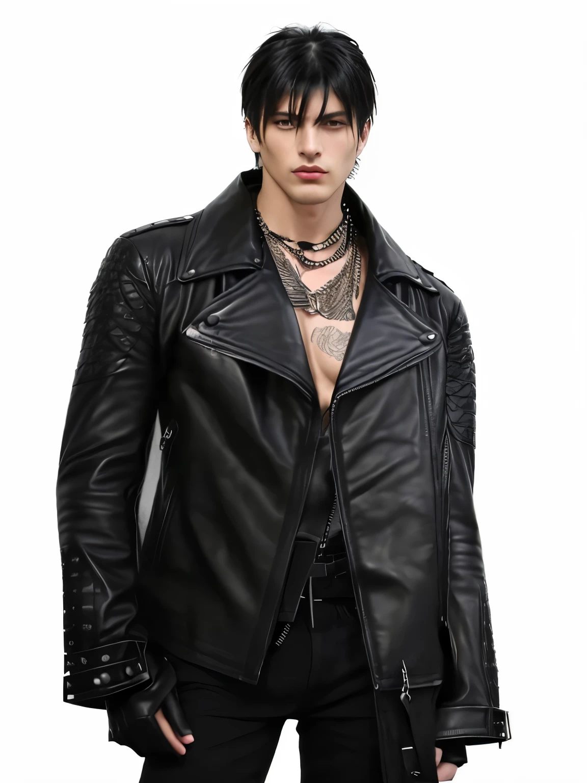a close up of a person wearing a black leather jacket, tattered leather coat, jacket over bare torso, inspired by Nicolas Carone, dark artslabcoats, skintight jet black leahter coat, wearing leather coat, inspired by Enrico Baj, inspired by Mirabello Cavalori, inspired by Aleksander Gine, inspired by Josef Abel