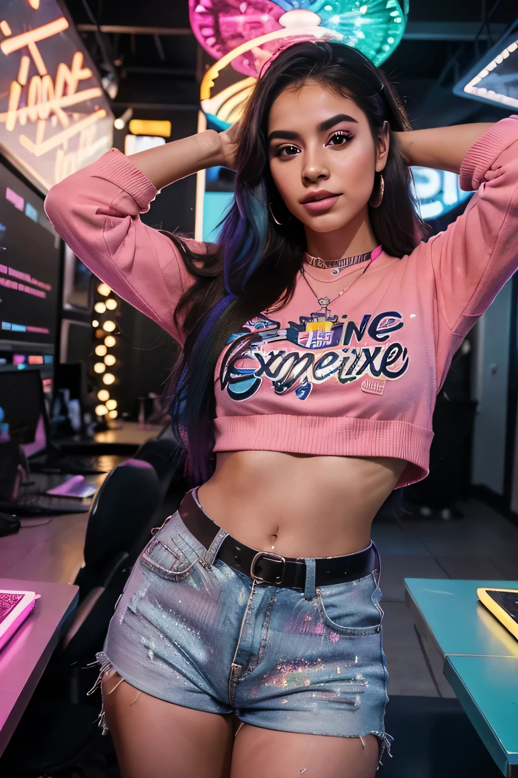 Envision a 25-year-old Latina influencer, a vibrant and charismatic content creator who dominates social media. Her style is a unique blend of contemporary fashion and Latin cultural elements, radiating confidence and authenticity. She is surrounded by a dynamic digital environment, with shimmering pixels forming a visually stunning landscape. The influencer holds holographic devices projecting her artistic creations, challenging conventional expectations and setting trends. The color palette reflects the passion, energy, and vitality of her online presence, creating an image that captures the unique essence of her digital influence.