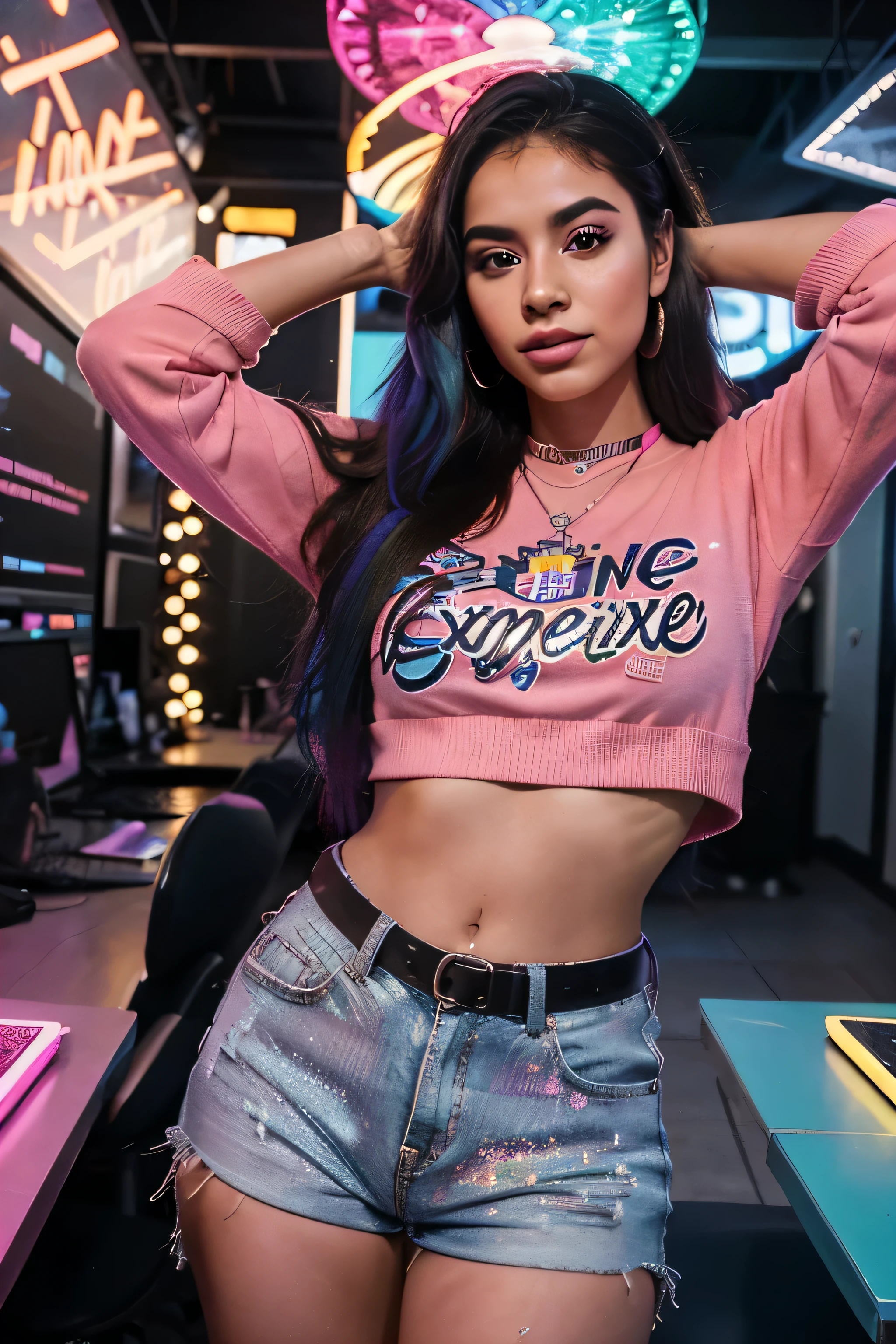 Mulher loira, bonita, aparentemente 24 anos, sorridente, ouvindo fones de ouvido, luzes neon piscando estilo balada, roupa colorida, usando um coturno preto.