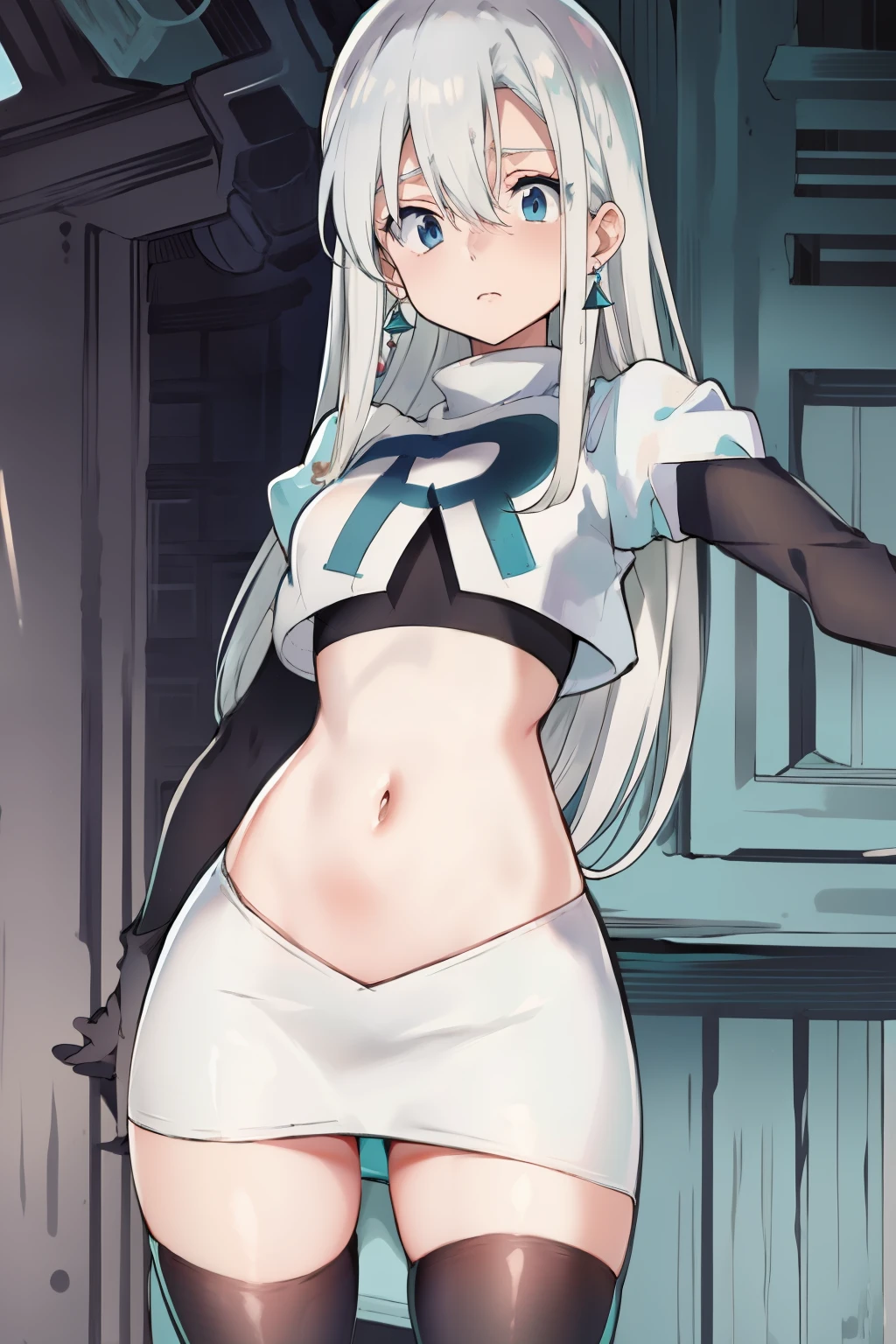 Silver hair, blue eyes, light skin, turquoise earrings, (covered eye by hair:1.3), Elizabeth, team rocket,team rocket uniform,white skirt,crop top,black thigh-highs,black elbow gloves,
