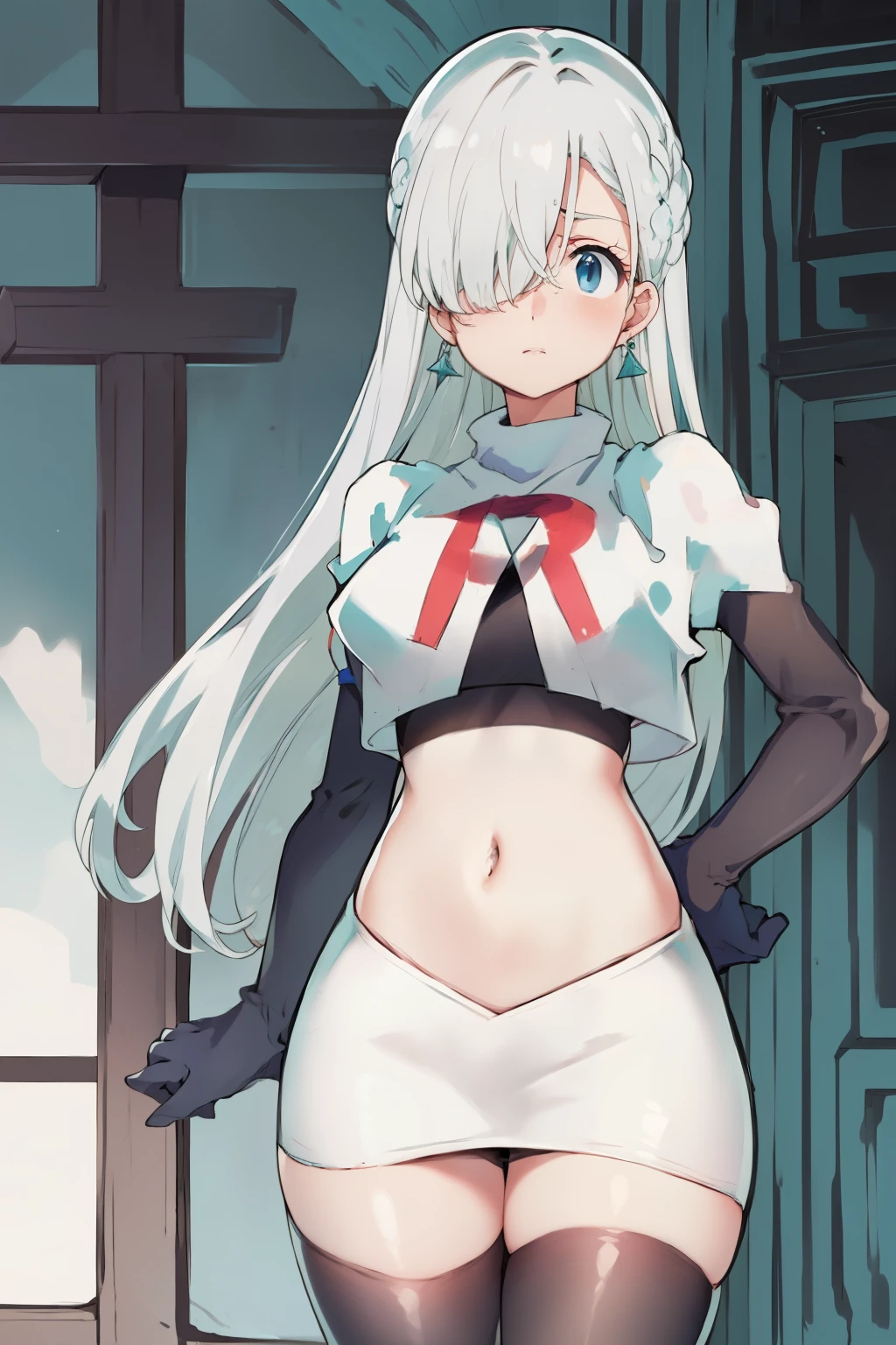 Silver hair, blue eyes, light skin, turquoise earrings, (covered eye by hair:1.3), Elizabeth, team rocket,team rocket uniform,white skirt,crop top,black thigh-highs,black elbow gloves,