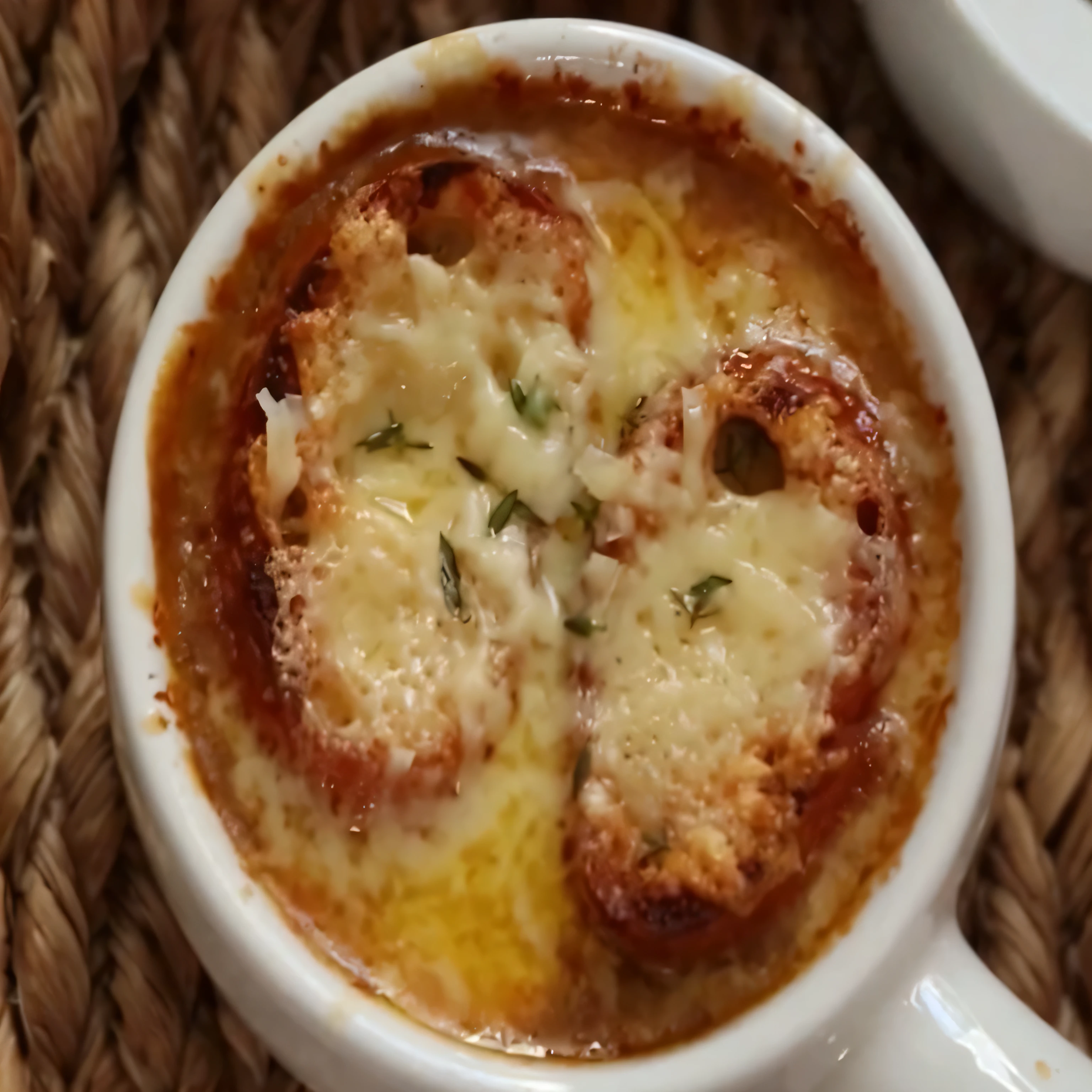 there is a bowl of soup with cheese and herbs in it, cheesy, ❤🔥🍄🌪, easy, melted cheese, yummy, recipe, warm, dreamy, cozy, extremely intricate, melting cheese, 360*, inspired by Géza Dósa, youtube video screenshot, 4 0 9 6, a cozy, french, delicious