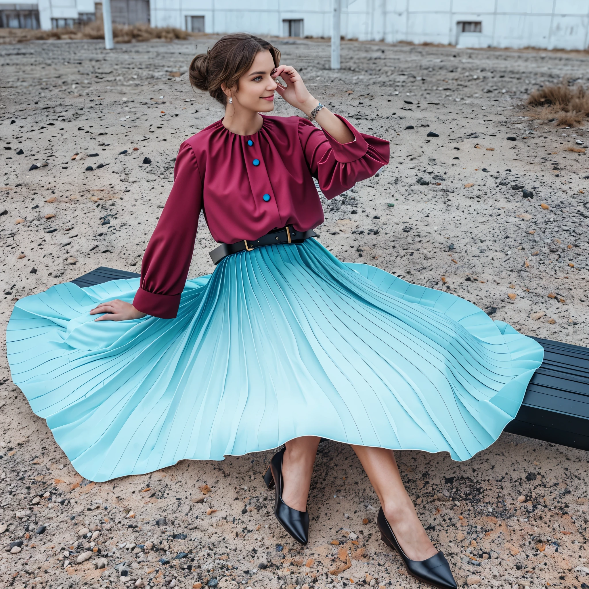 (35mm f1.4 Kodak portra 400 photograph, extremely high quality RAW photograph), authentic (shy smiling) (beautiful compassionate woman) sitting and playing with her skirt, wearing short blazer with very detailed (long (fully pleated) full circle skirt) and (simple low heeled office shoes), very intricate hyper-detailed symmetric (attractive graceful young feminine face) with (sad, tired eyes and shy smile), full of empathy and tenderness and love, ((pronounced (feminine) features)), ((highly detailed ultra accurate realistic hands and fingers)), (windy conditions and wind blowing), (space ship deep space travel background), epic composition, highly detailed attributes, highly detailed atmosphere, sci-fi ,cinematic shot, dynamic lighting, 75mm, Technicolor, Panavision, cinemascope, sharp focus, fine details, 8k, HDR, realism, realistic, key visual, film still, superb cinematic color grading, depth of field