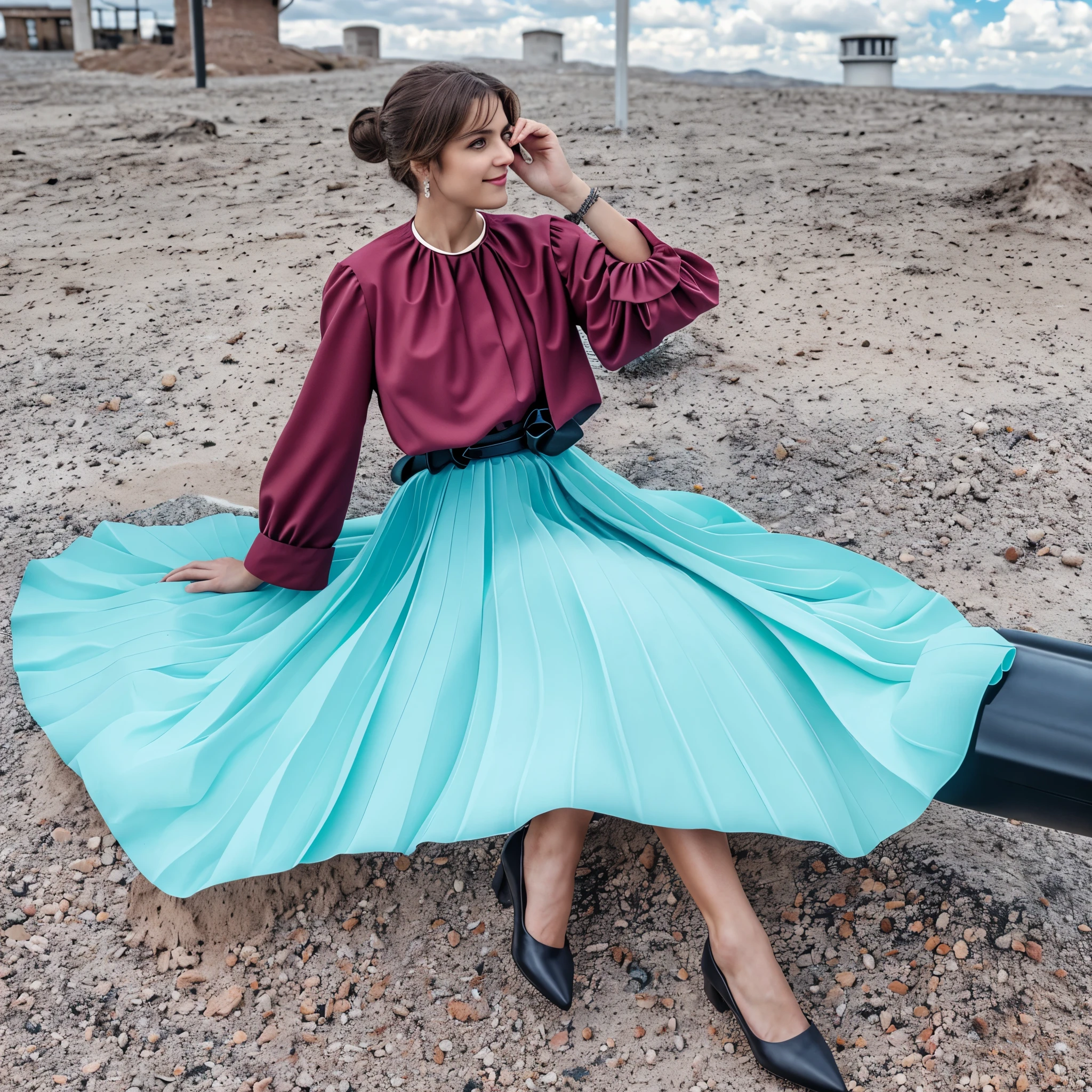 (35mm f1.4 Kodak portra 400 photograph, extremely high quality RAW photograph), authentic (shy smiling) (beautiful compassionate woman) sitting and playing with her skirt, wearing short blazer with very detailed (long (fully pleated) full circle skirt) and (simple low heeled office shoes), very intricate hyper-detailed symmetric (attractive graceful young feminine face) with (sad, tired eyes and shy smile), full of empathy and tenderness and love, ((pronounced (feminine) features)), ((highly detailed ultra accurate realistic hands and fingers)), (windy conditions and wind blowing), (space ship deep space travel background), epic composition, highly detailed attributes, highly detailed atmosphere, sci-fi ,cinematic shot, dynamic lighting, 75mm, Technicolor, Panavision, cinemascope, sharp focus, fine details, 8k, HDR, realism, realistic, key visual, film still, superb cinematic color grading, depth of field