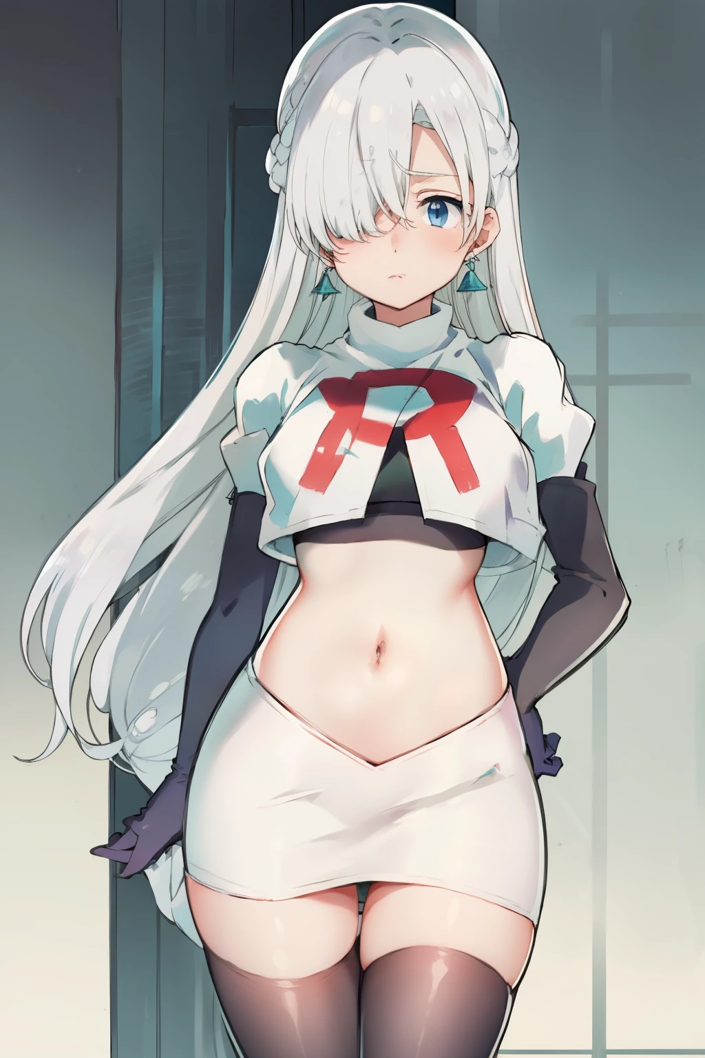 Silver hair, blue eyes, light skin, turquoise earrings, (covered eye by hair:1.3), Elizabeth, team rocket,team rocket uniform,white skirt,crop top,black thigh-highs,black elbow gloves,