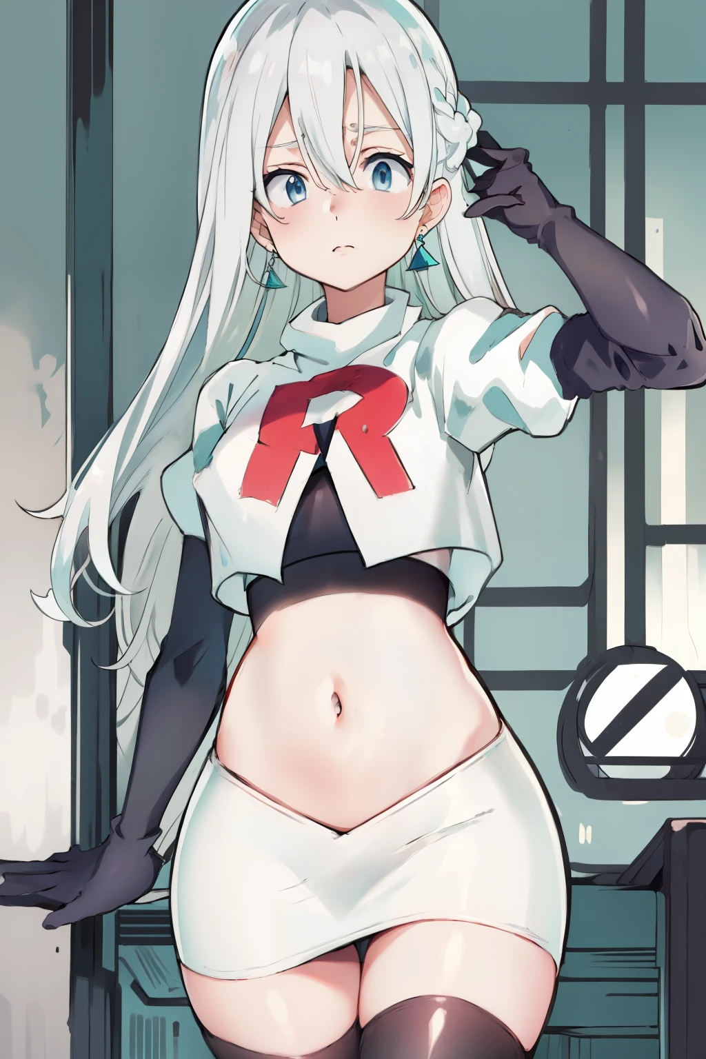 Silver hair, blue eyes, light skin, turquoise earrings, (covered eye by hair:1.3), Elizabeth, team rocket,team rocket uniform,white skirt,crop top,black thigh-highs,black elbow gloves,