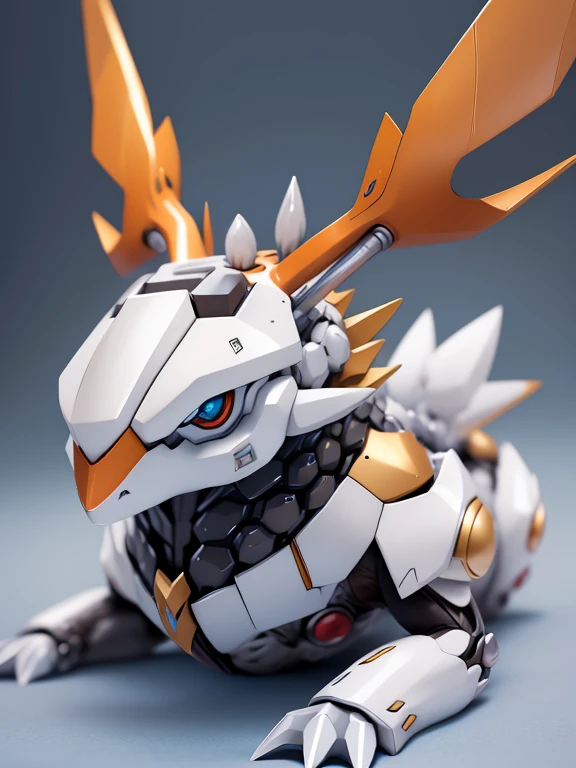 Un dibujo detallado de anime de un enorme ornamentado ((blanco y marrón)) ciervo mecha que se asemeja al ((Pokémon Xerneas)) con ((ojos castaños profundos)) and coming off of its body like armor that gives off a dangerous aura con large antlers laying down while looking at the camera