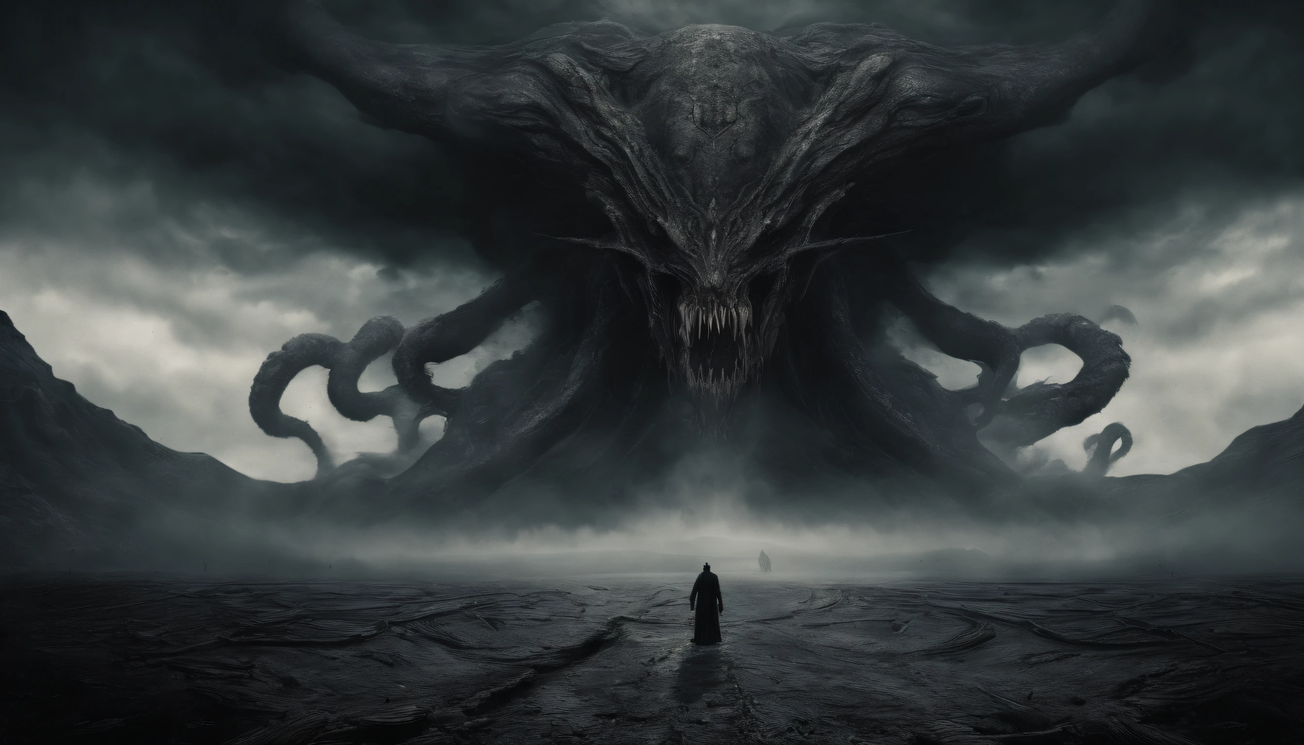 (masterpiece), best quality, the ground split in two showing a huge chasm descending into darkness with smoke rising. dramatic angle, extreme angle shot, low-angle shot, wide-angle shot, dark moody storm-clouds sky, lovecraftian,visceral,nightmare,tentacles,dreadful humanoid,imagination,fantastical,dramatic,dark tones,paranormal,macro lens,surreal juxtaposition,lovecraftian,cosmic horror,horror,c'thulhu background