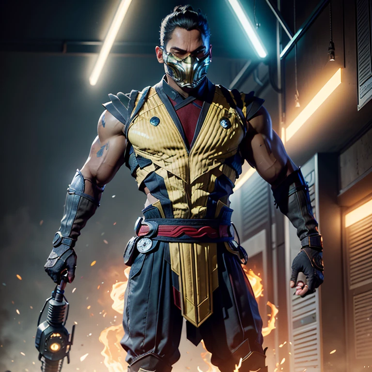 In the heart of a futuristic, cyberpunk realm, a formidable figure takes shape. Clad in a cybernetic armor, the iconic silhouette of Mortal Kombat's Scorpion emerges. His eyes, engulfed in a striking red glow, pierce through the neon-lit cityscape. An imposing presence, this hyper-realistic rendering of Scorpion is an undeniable mechanical marvel. His every movement, an intricate dance of cybernetic precision.

Beneath the armor, a human essence remains, adding a layer of intrigue and depth to this formidable adversary. The atmosphere around him is one of intense, dramatic tension. The