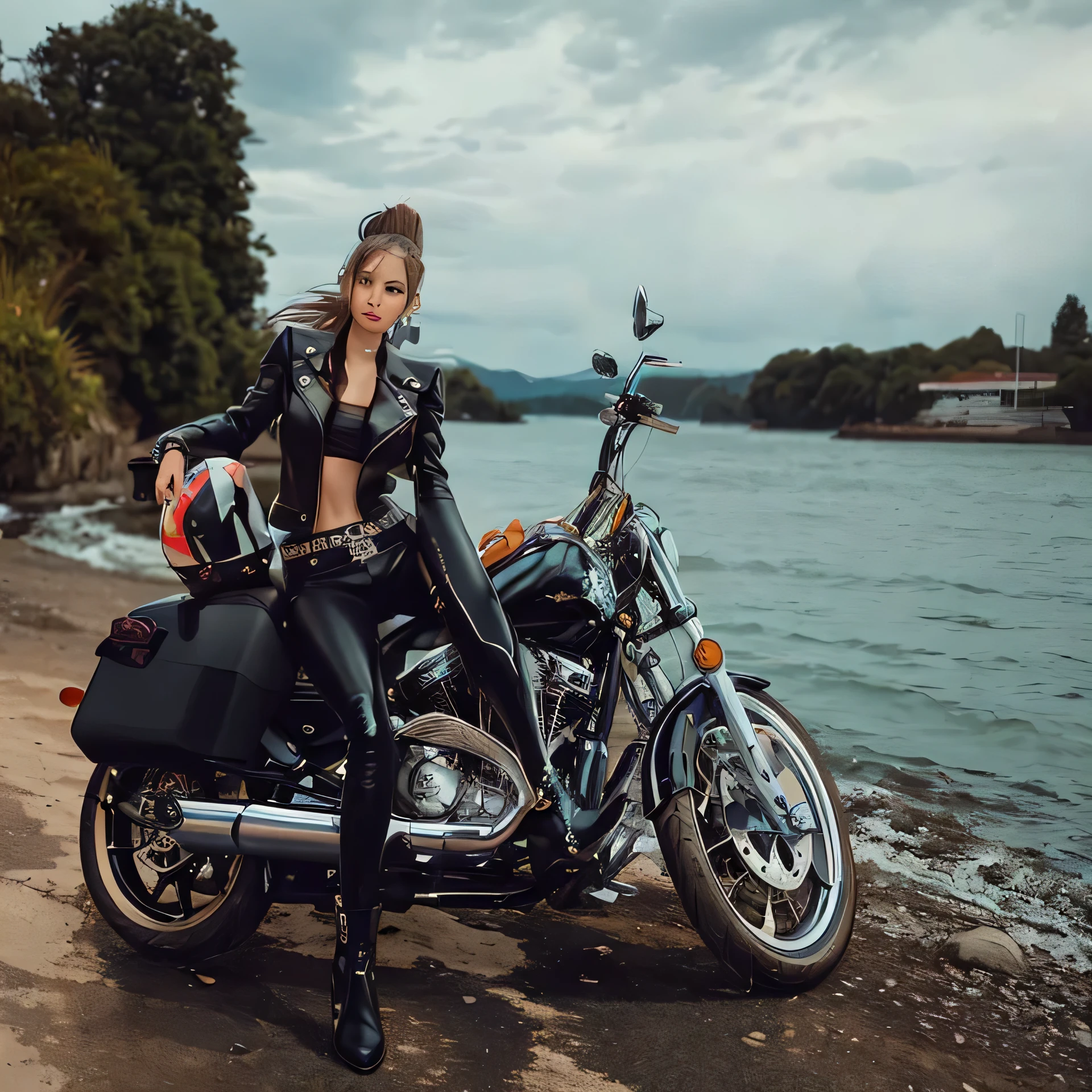 there is a woman sitting on a motorcycle by the water, sitting on a motorcycle, picture of a female biker, motorcycle, harley davidson, by Ivan Grohar, riding a motorcycle, harley davidson motorbike, motorcycles, dressed in biker leather, motorbiker, biker, harley queen, sitting on cyberpunk motorbike, shot with hasselblade camera, modeling photography, leather clothing