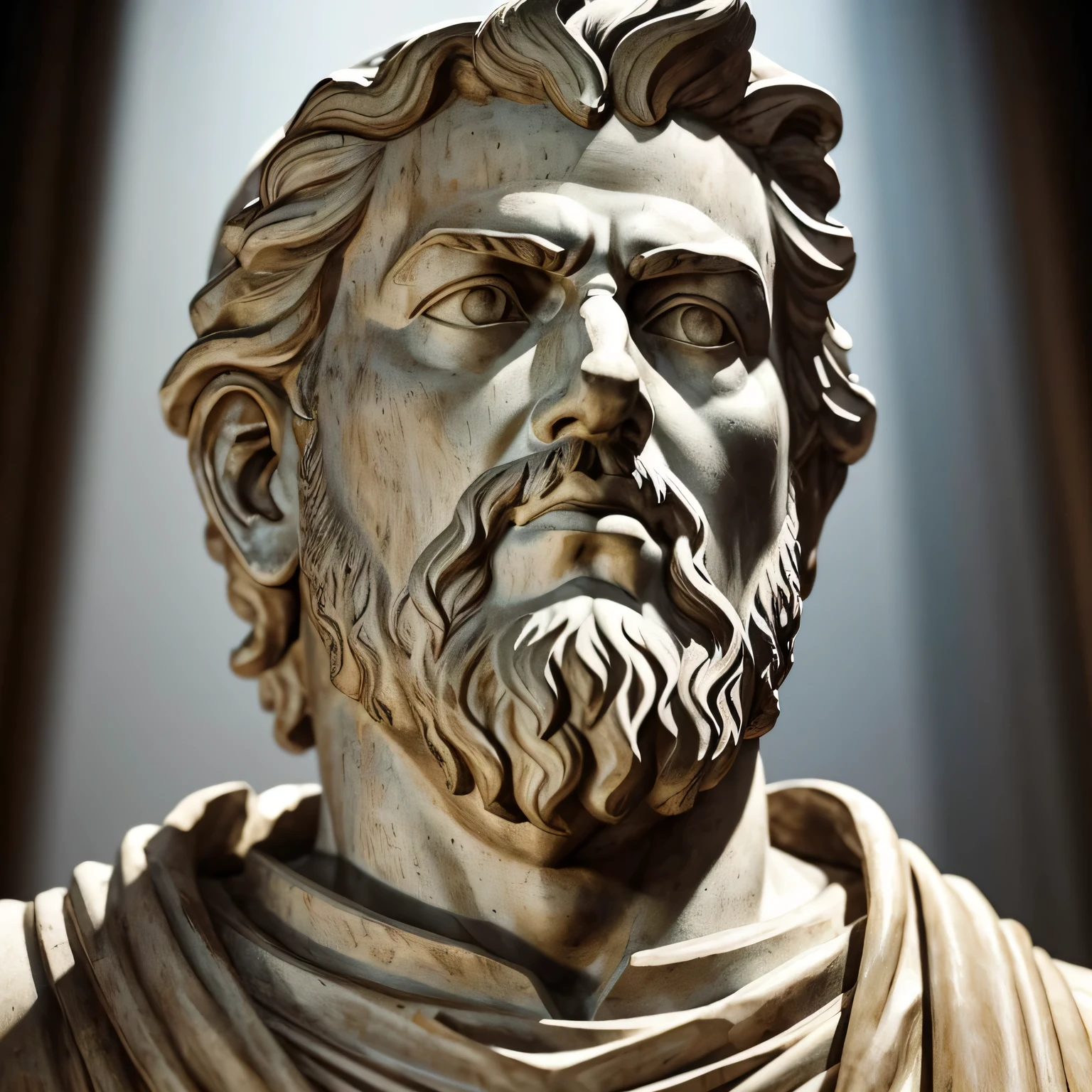 A realistic statue of Marcus Aurelius carefully detailed wearing a ghostly toga, fundo preto, Moody, fotorrealista, Jantar de cinema atencioso, super detalhada, Hiper realista, luzes brilhantes, 8 mil