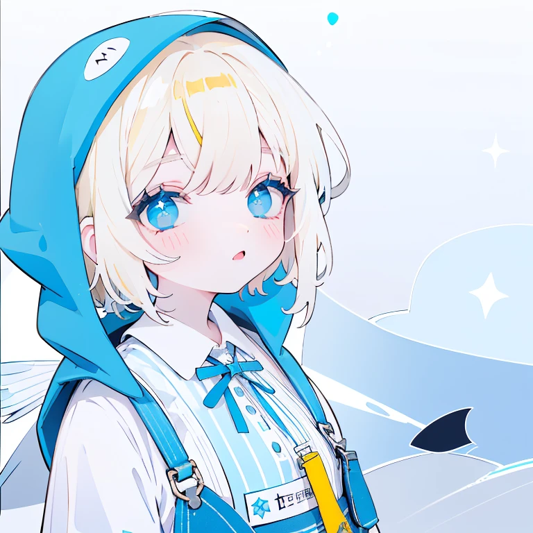 A girl with pale white skin and light blonde curly hair wearing a blue hood that looks like a penguin and light blue overalls with a striped blue and white shirt underneath and cute light yellow stars surrounding her