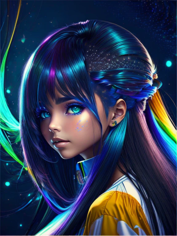 (Mejor calidad,ultra detallado,Realista:1.37), colores vibrantes,studio lighting,bokeh,retrato,cabello como fuego,pelo azul,piel negra,ojos verdes,vista frontal,Fondo de Tokio,camisa blanca,retro-futurista,labios llenos,estilo anime,arte abstracto,cabello bioluminiscente