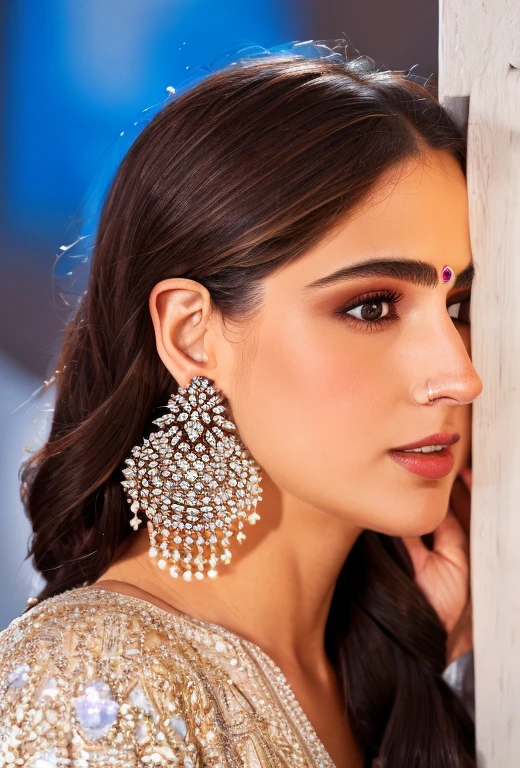 (masterpiece, best quality), intricate details, realistic, photorealistic, a close up of a woman wearing earrings, inspired by Emma Andijewska, draped in crystals, silver color, long earrings, sandra chevier, huge earrings, 2019, blue-eyed, platinum jewellery, earring, flawless structure, silver earring,  