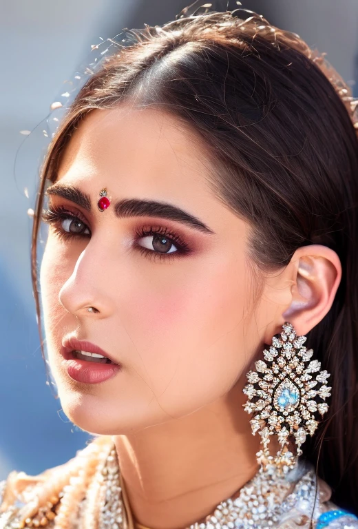 (masterpiece, best quality), intricate details, realistic, photorealistic, a close up of a woman wearing earrings, inspired by Emma Andijewska, draped in crystals, silver color, long earrings, sandra chevier, huge earrings, 2019, blue-eyed, platinum jewellery, earring, flawless structure, silver earring,  