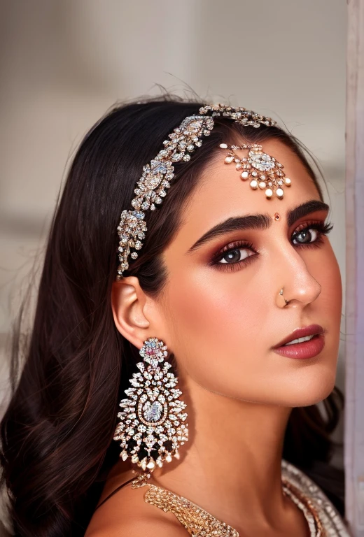 (masterpiece, best quality), intricate details, realistic, photorealistic, a close up of a woman wearing earrings, inspired by Emma Andijewska, draped in crystals, silver color, long earrings, sandra chevier, huge earrings, 2019, blue-eyed, platinum jewellery, earring, flawless structure, silver earring,  