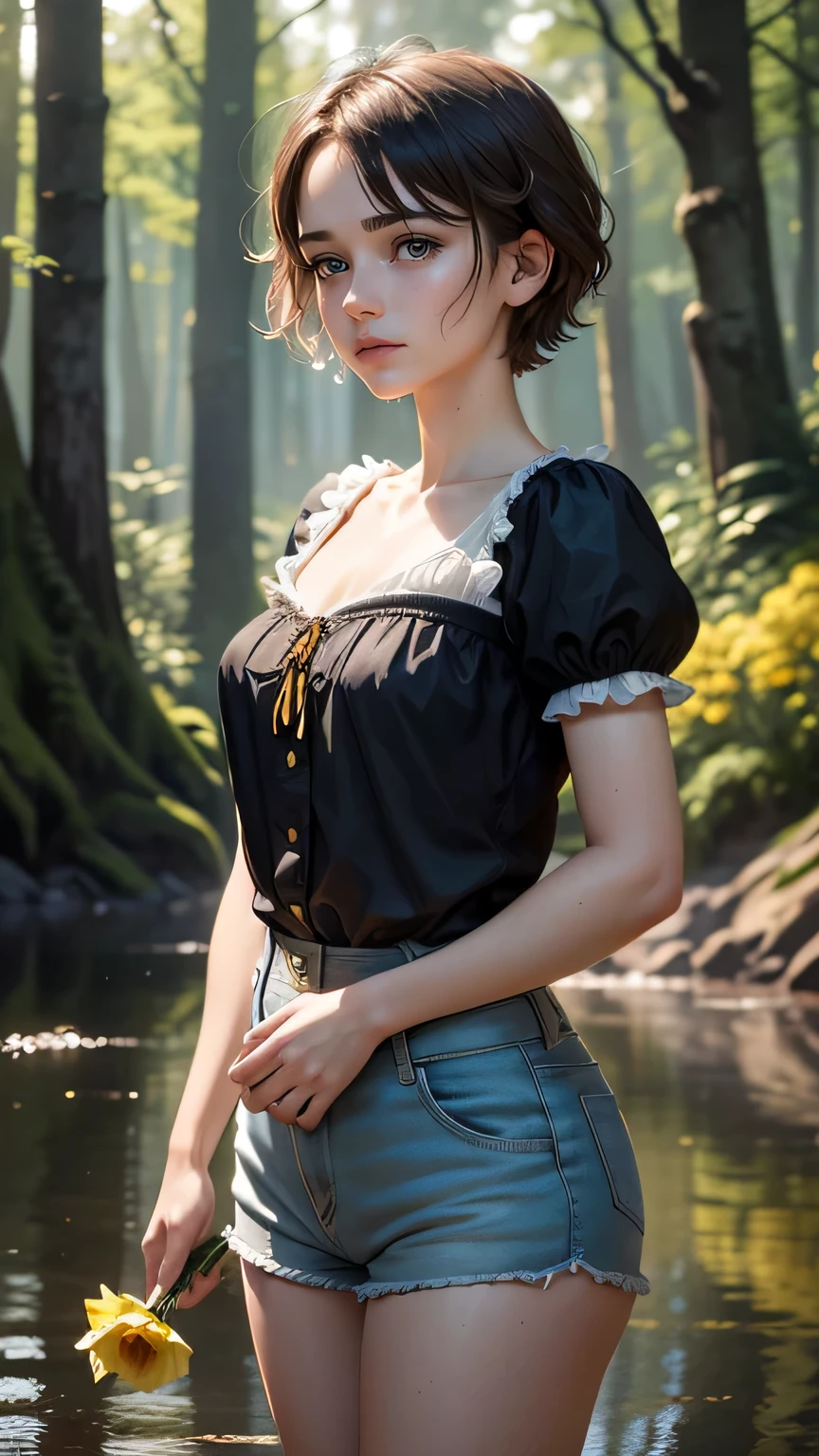 top quality, masterpiece, ultra high resolution, (photoreal: 1.1), Holding a daffodil with both hands, RAW photos, one girl, medium short hair , Short sleeve t-shirt, shorts, crying, out of helping, cinematic lighting, slightly sweaty, sparkly skin ,beautiful and delicate face, ln the forest, Lake Background, beautiful delicate eyes , (realistic, photo realistic:1), Awards, super beautiful, (victorian)