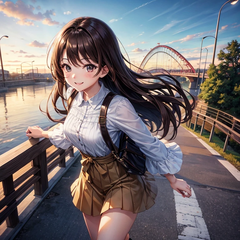 anime、beautiful girl、brown hair、black eyes shine、pedestrian bridge、walk、smile