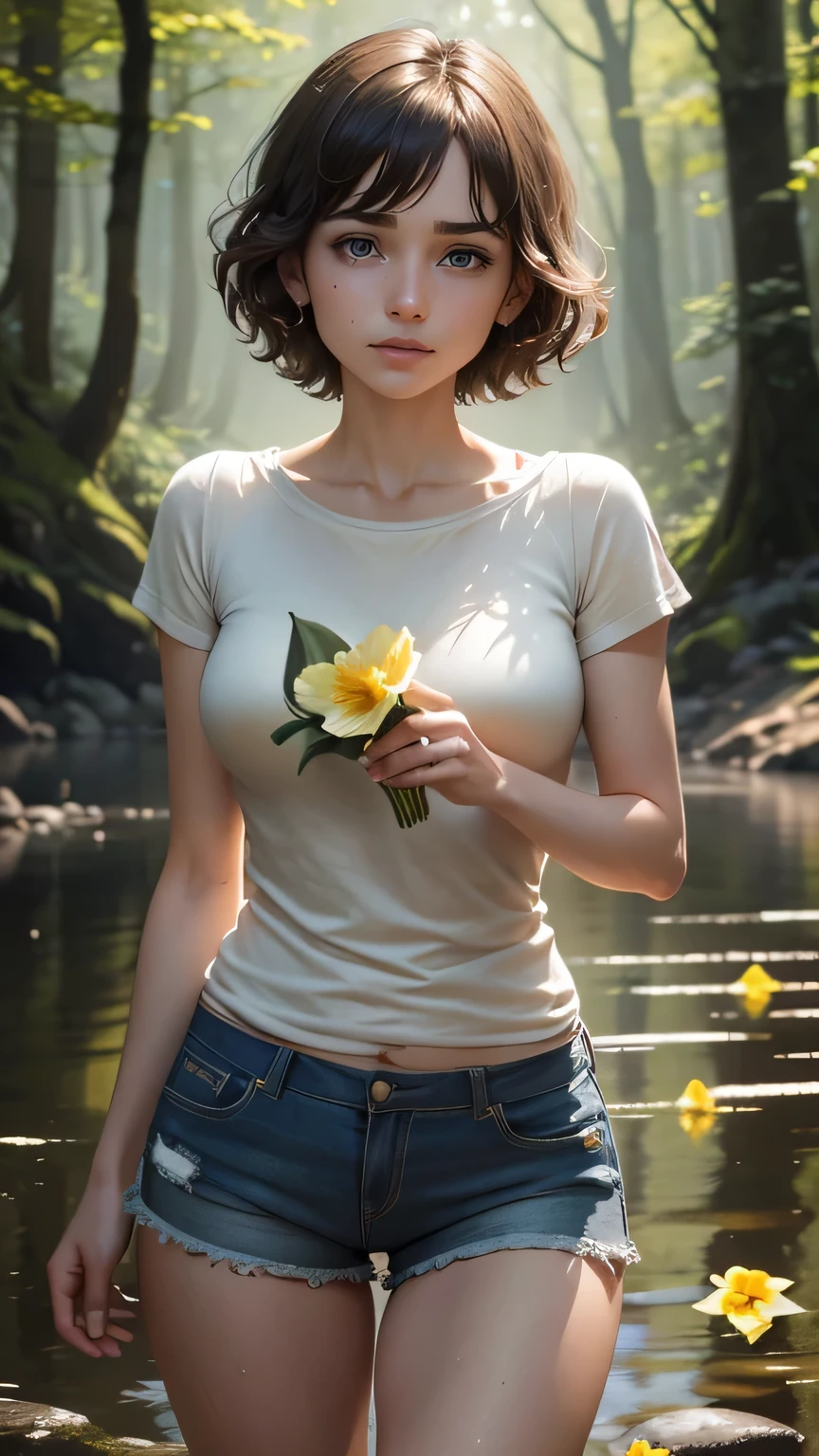 top quality, masterpiece, ultra high resolution, (photoreal: 1.1), Holding a daffodil with both hands, RAW photos, one girl, medium short hair , Short sleeve t-shirt, shorts, crying, out of helping, cinematic lighting, slightly sweaty, sparkly skin ,beautiful and delicate face, ln the forest, Lake Background, beautiful delicate eyes , (realistic, photo realistic:1), Awards, super beautiful, (victorian)