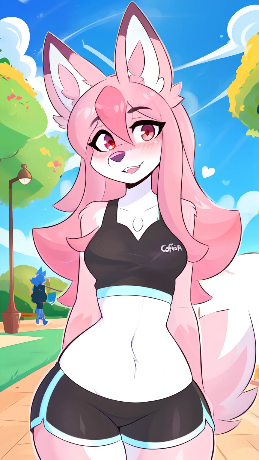 by teranen, by freeedon, by Kilinah, by Coffeesoda, by Hioshiru, by Kilinah, Furry, Nazuna_hiwatashi, Anthro, Female, Solo, standing, Mocking Look, (half-closed eyes), Pink Hair, Pink Tail, (sexy sportwear), (red eyes), looking at the viewer, (medium breasts, hips), (fox), sunny day, (public park), (pink body, two-tone fur), (blushing, sweatin)