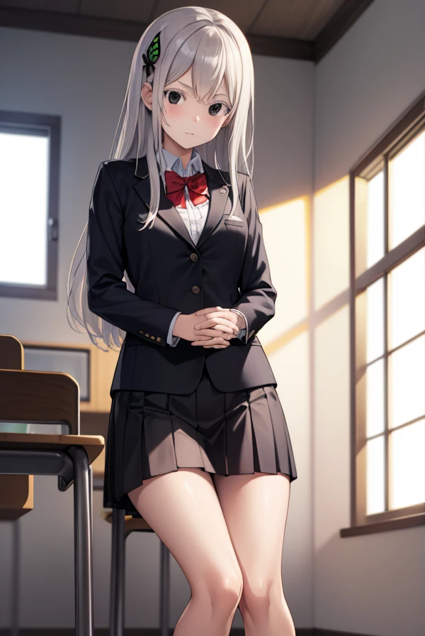 echidna, echidna, colored eyelashes, white hair, hair between eyes, long hair, straight hair, (black eyes:1.5),
BREAK alternate costume, black jacket, bow, bowtie, butterfly hair ornament, collared shirt, dress shirt, grey skirt, hair ornament, jacket, long sleeves, pleated skirt, red bow, red bowtie, school uniform, shirt, skirt, white shirt,
BREAK looking at viewer, full body,
BREAK indoors, classroom,
BREAK (masterpiece:1.2), best quality, high resolution, unity 8k wallpaper, (illustration:0.8), (beautiful detailed eyes:1.6), extremely detailed face, perfect lighting, extremely detailed CG, (perfect hands, perfect anatomy),