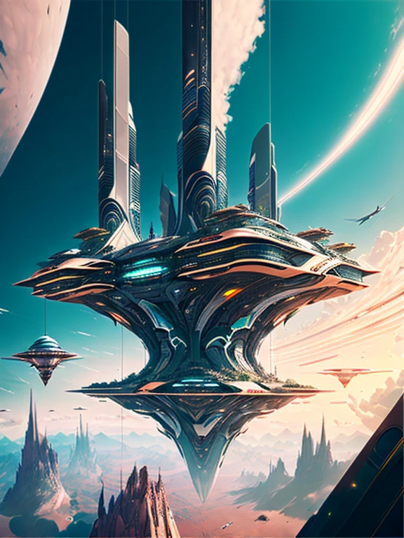 Crea obras de arte hiperaristas futuristas, Imagina una ciudad en el cielo, Complex architectural structures and advanced technology. Representa esta ciudad futurista con gran detalle, Captura la luz brillante, Suspended platforms and flying vehicles that fly through the sky.