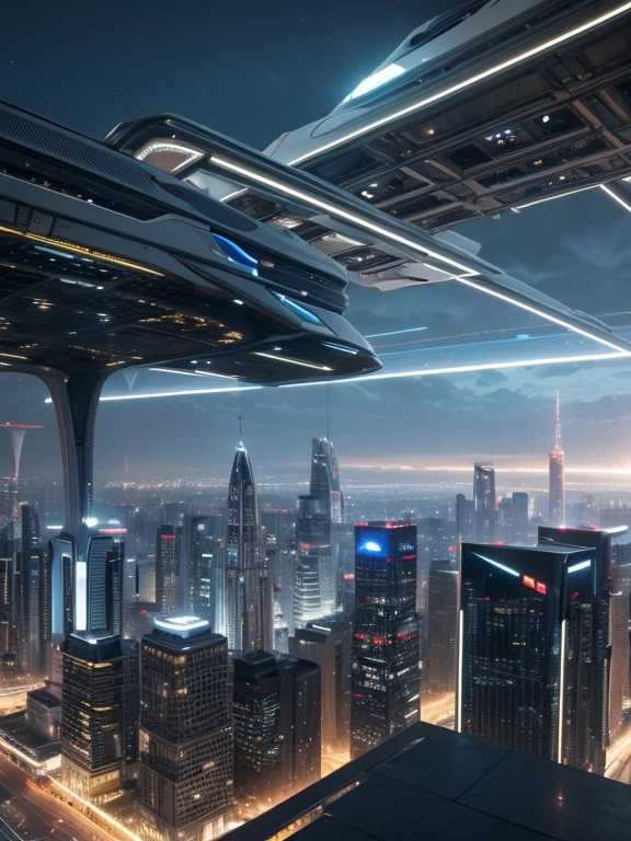 Crea obras de arte hiperaristas futuristas, Imagina una ciudad en el cielo, Complex architectural structures and advanced technology. Representa esta ciudad futurista con gran detalle, Captura la luz brillante, Suspended platforms and flying vehicles that fly through the sky.