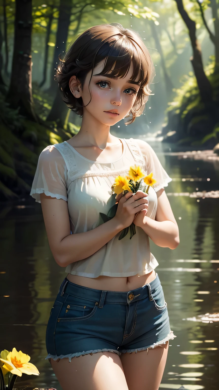 top quality, masterpiece, ultra high resolution, (photoreal: 1.1), Holding a daffodil with both hands, RAW photos, one girl, medium short hair , Short sleeve t-shirt, shorts, crying sound, from helping, cinematic lighting, a little sweat, sparkly skin ,beautiful and delicate face, In the woods, Lake Background, beautiful delicate eyes , (realistic, photo realistic:1), Awards, super beautiful, (victorian)