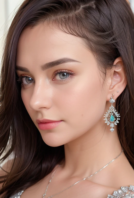 (masterpiece, best quality), intricate details, realistic, photorealistic, a close up of a woman wearing earrings, inspired by Emma Andijewska, draped in crystals, silver color, long earrings, sandra chevier, huge earrings, 2019, blue-eyed, platinum jewellery, earring, flawless structure, silver earring,