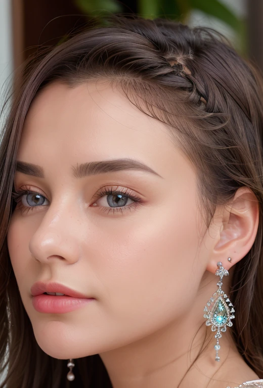 (masterpiece, best quality), intricate details, realistic, photorealistic, a close up of a woman wearing earrings, inspired by Emma Andijewska, draped in crystals, silver color, long earrings, sandra chevier, huge earrings, 2019, blue-eyed, platinum jewellery, earring, flawless structure, silver earring,