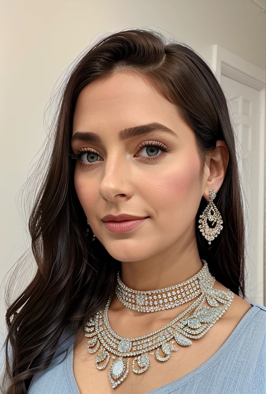 (masterpiece, best quality), intricate details, realistic, photorealistic, a close up of a woman wearing earrings, inspired by Emma Andijewska, draped in crystals, silver color, long earrings, sandra chevier, huge earrings, 2019, blue-eyed, platinum jewellery, earring, flawless structure, silver earring,
