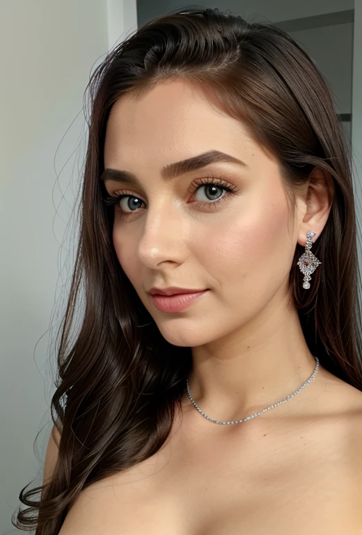 (masterpiece, best quality), intricate details, realistic, photorealistic, a close up of a woman wearing earrings, inspired by Emma Andijewska, draped in crystals, silver color, long earrings, sandra chevier, huge earrings, 2019, blue-eyed, platinum jewellery, earring, flawless structure, silver earring,
