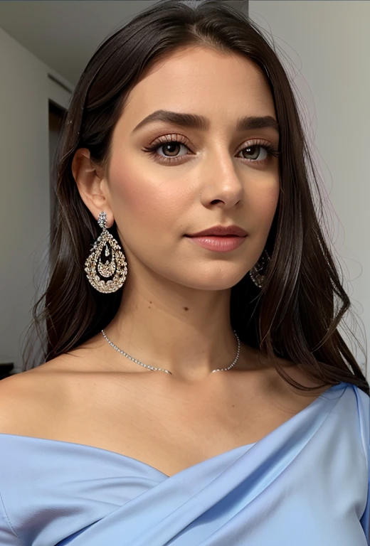 (masterpiece, best quality), intricate details, realistic, photorealistic, a close up of a woman wearing earrings, inspired by Emma Andijewska, draped in crystals, silver color, long earrings, sandra chevier, huge earrings, 2019, blue-eyed, platinum jewellery, earring, flawless structure, silver earring,
