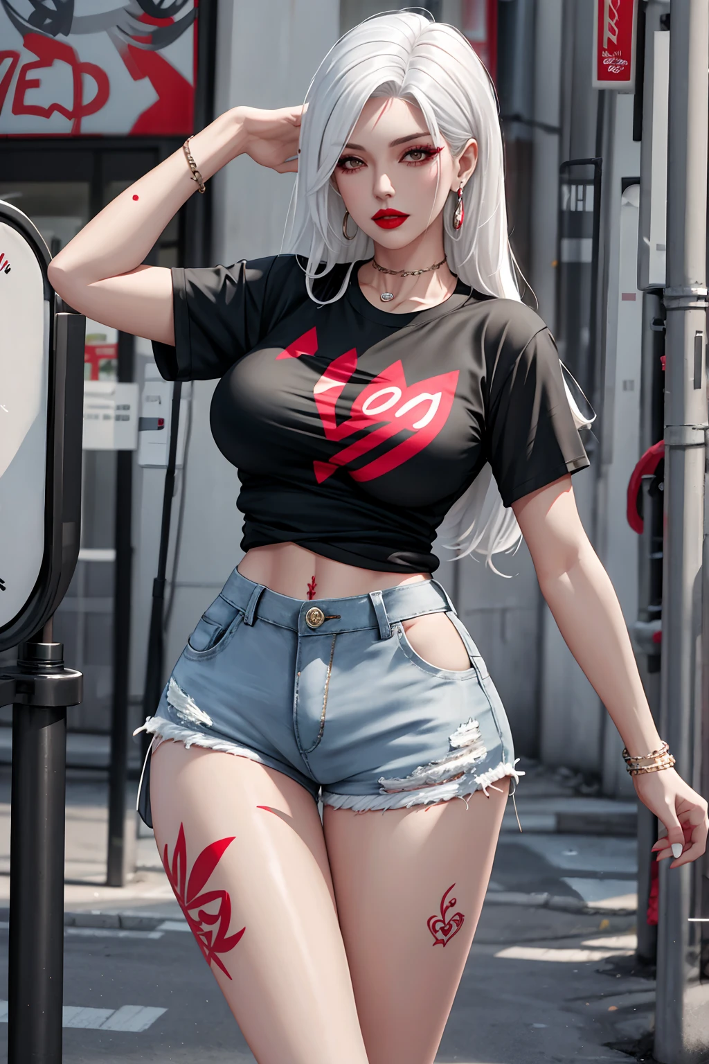 photorealistic, high resolution, 1women, mature female, solo, hips up, jewelry, tattoo, street wear, t-shirt, white hair, shorts, make up, red lips, medium breast, very muscular, sexy poses