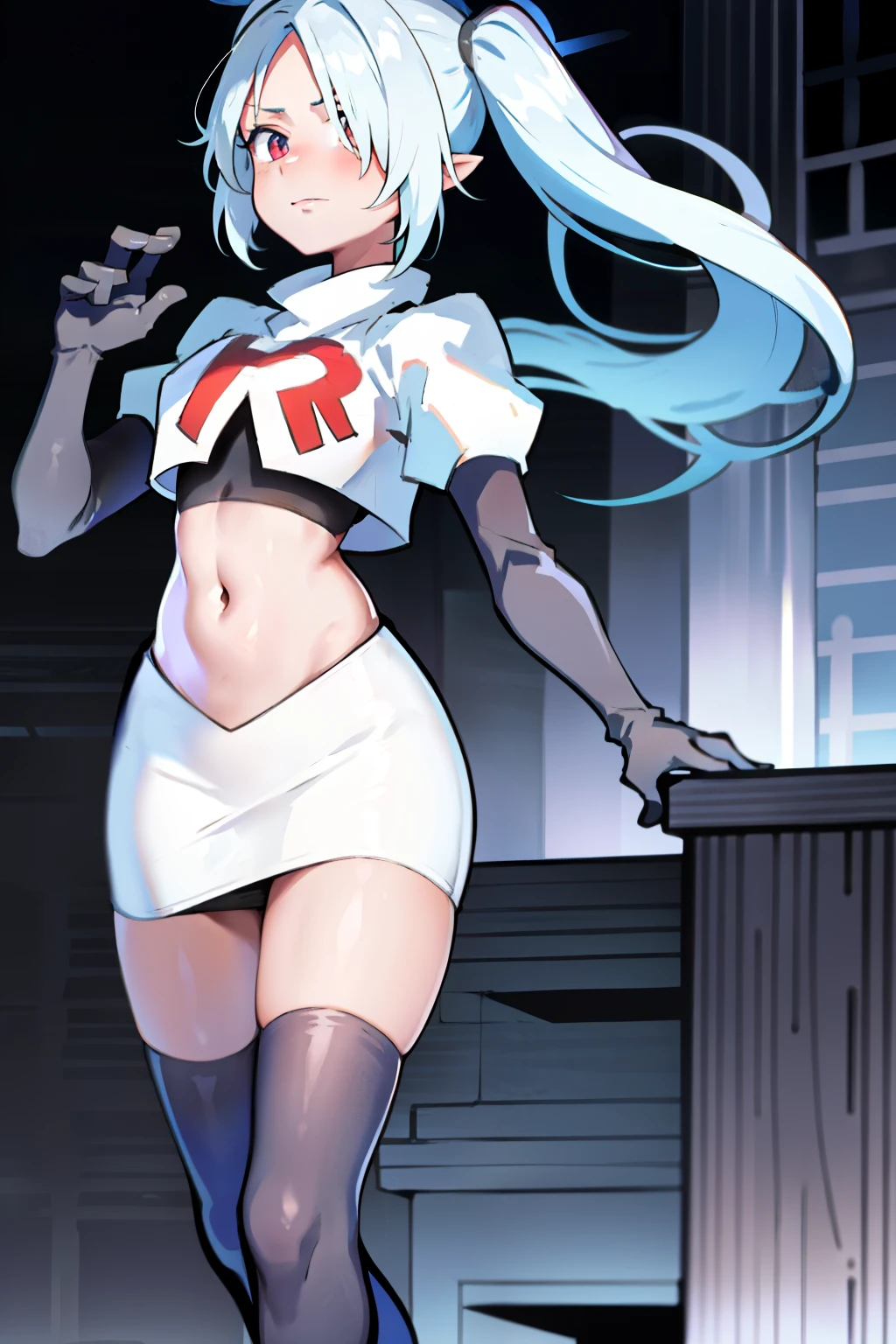 (masterpiece), 1girl, magical world, shiny steps, beautiful sky, stars, jupiter, ioridef, team rocket,team rocket uniform,white skirt,crop top,black thigh-highs,black elbow gloves,