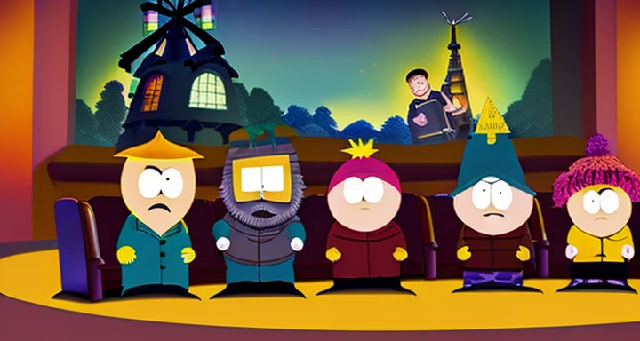 All Character of South Park playing Sing in Theater, South Park Style, Surrealism, Color Field painting, Action painting, 8k, UHD, 16k