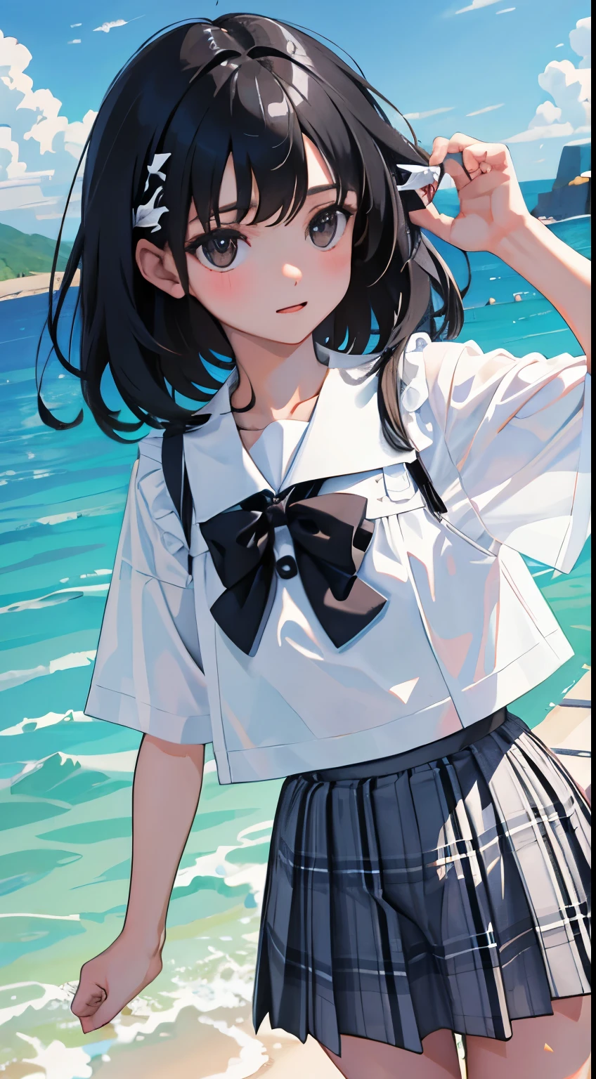 (child)，（masterpiece，Top quality)，White plaid pleated mini skirt，short sleeve，black hair，Summer Classroom，coastal