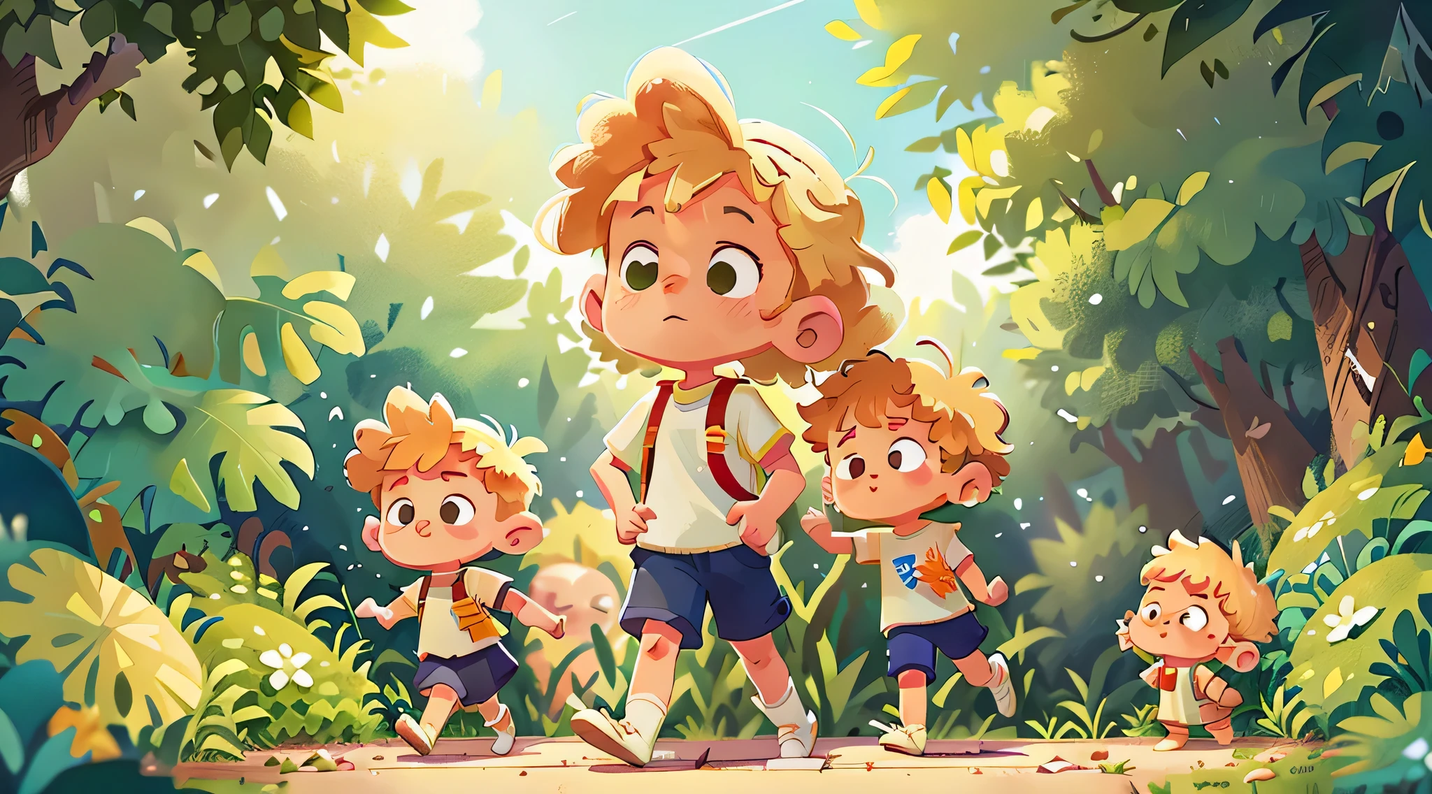 boy, white background, children's book illustration style, simple, cute, 2 years old, bright colors, (blond hair), ends of hair below the ears curly, light skin, (sleeveless shirt), (white shirt), shorts fabric, (green shorts), intricate details, walking to school