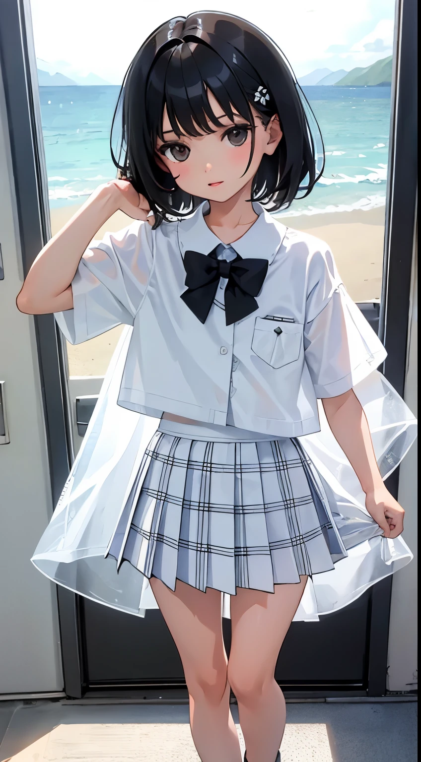 (),(masterpiece,Top quality),White plaid pleated mini skirt,short sleeve,black hair,Summer Classroom,coastal