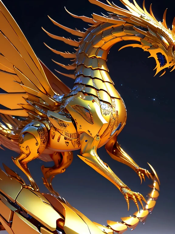 (best quality, highres, ultra-detailed, realistic:1.37),
a metallic wyvern, golden serpent, metallic dragon,
red gemstone peaks, jeweled wings,
illustration, HDR, vibrant colors,
fierce, magnificent, glimmering,
monstrous creature, scaled skin, sharp claws,
majestic pose, in-flight, soaring,
mysterious atmosphere, darkened sky,
illuminated by moonlight, mystical aura.