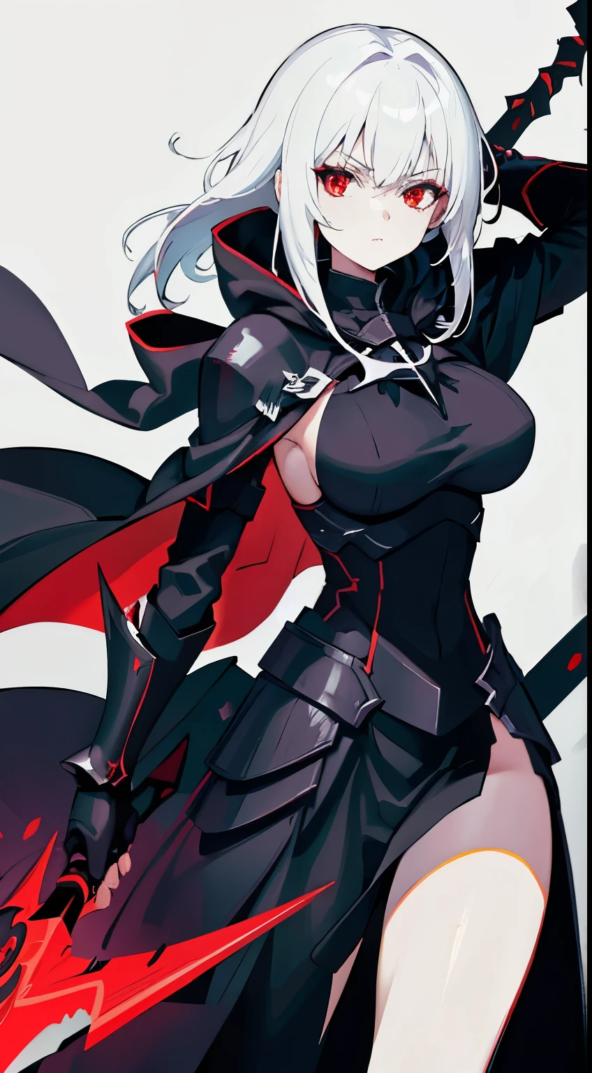 1girl, sharp white hair, sharp green and 1 red eyes, wearing full black armor and radiating dark aura, dark paladin, 8k, holding a flag spear, wearing black robes with hood and epic black paladin super armor, wearing general robes and she is greater tanker, she is a hero who fall to the darkness. In under her look blood everywhere, she have sharp stare or murder stare, she have medium boobs