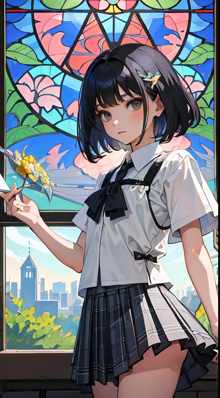 (child)，（masterpiece，Top quality)，Light gray plaid pleated mini skirt，short sleeve，black hair，Summer Classroom，tarot，Mucha，Stained glass
