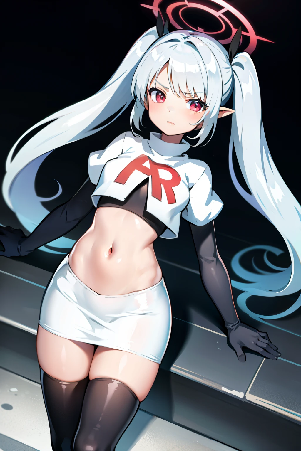 (masterpiece), 1girl, magical world, shiny steps, beautiful sky, stars, jupiter, ioridef, team rocket,team rocket uniform,white skirt,crop top,black thigh-highs,black elbow gloves,