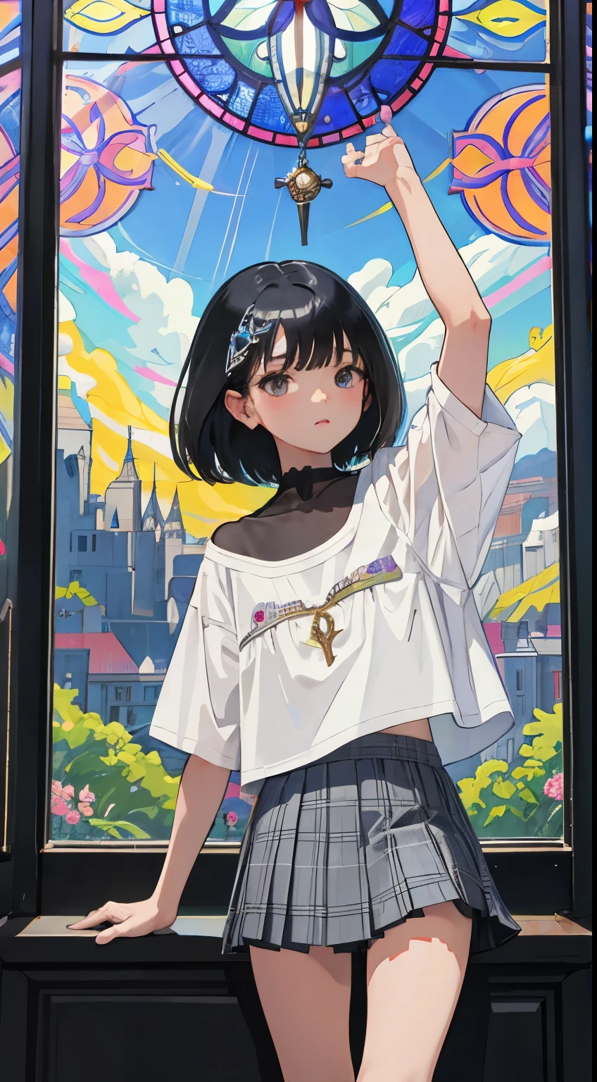 (child),(masterpiece,Top quality),Light gray plaid pleated mini skirt,short sleeve,black hair,Summer Classroom,tarot,Mucha,Stained glass