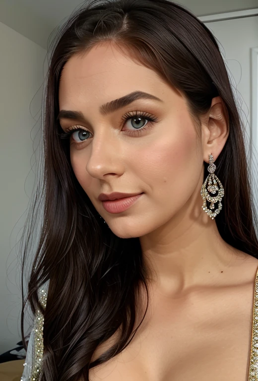 (masterpiece, best quality), intricate details, realistic, photorealistic, a close up of a woman wearing earrings, inspired by Emma Andijewska, draped in crystals, silver color, long earrings, sandra chevier, huge earrings, 2019, blue-eyed, platinum jewellery, earring, flawless structure, silver earring,