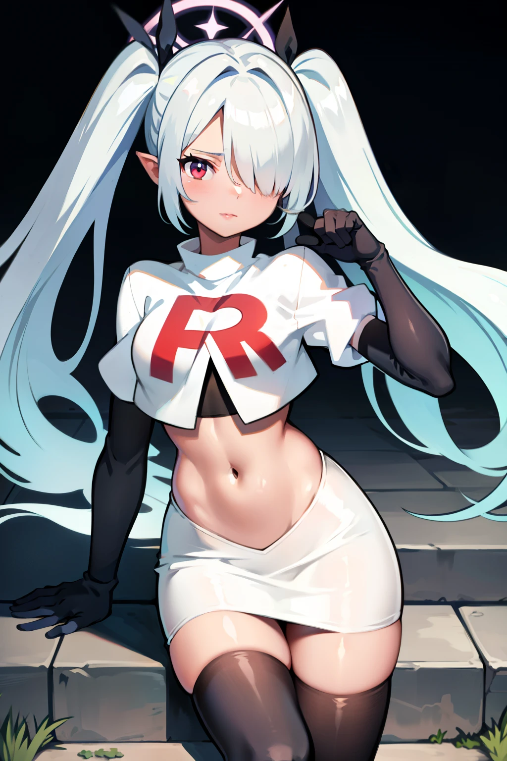 (masterpiece), 1girl, hair over one eye,magical world, shiny steps, beautiful sky, stars, jupiter, ioridef, team rocket,team rocket uniform,white skirt,crop top,black thigh-highs,black elbow gloves,