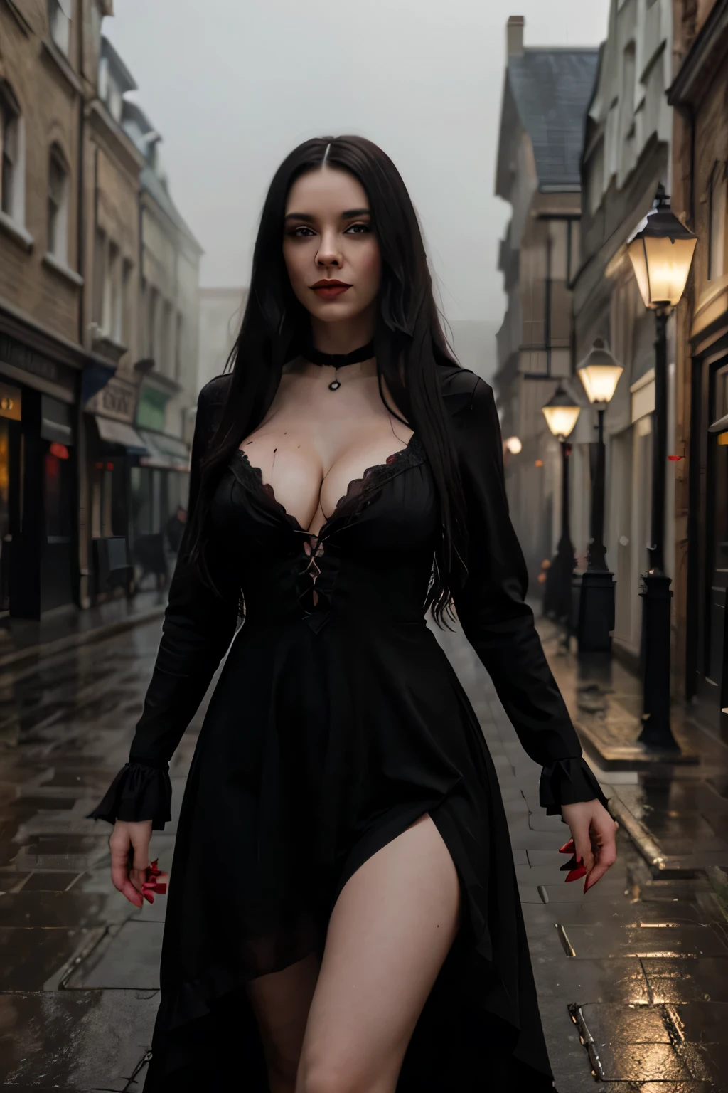 Beautiful female Vampire with long black hair with red blood dripping off her lips wearing a black gothic dress showing lots of cleavage showing standing on a foggy 17th century London street 